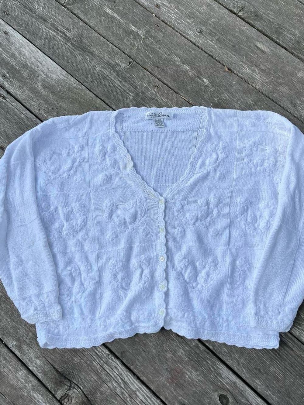 Work in Progress by Gladys Bagley white knit floral cardigan